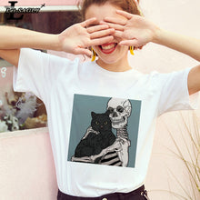 Load image into Gallery viewer, Skull and  Cute Cat Women T Shirt
