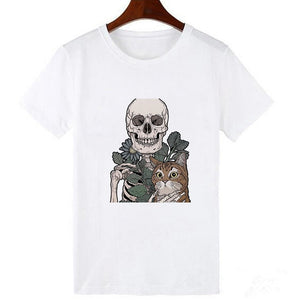 Skull and  Cute Cat Women T Shirt